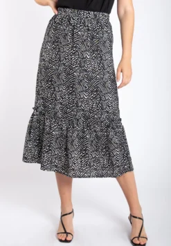 Animal Print Tier Hem Midi - A-Line Skirt - Black